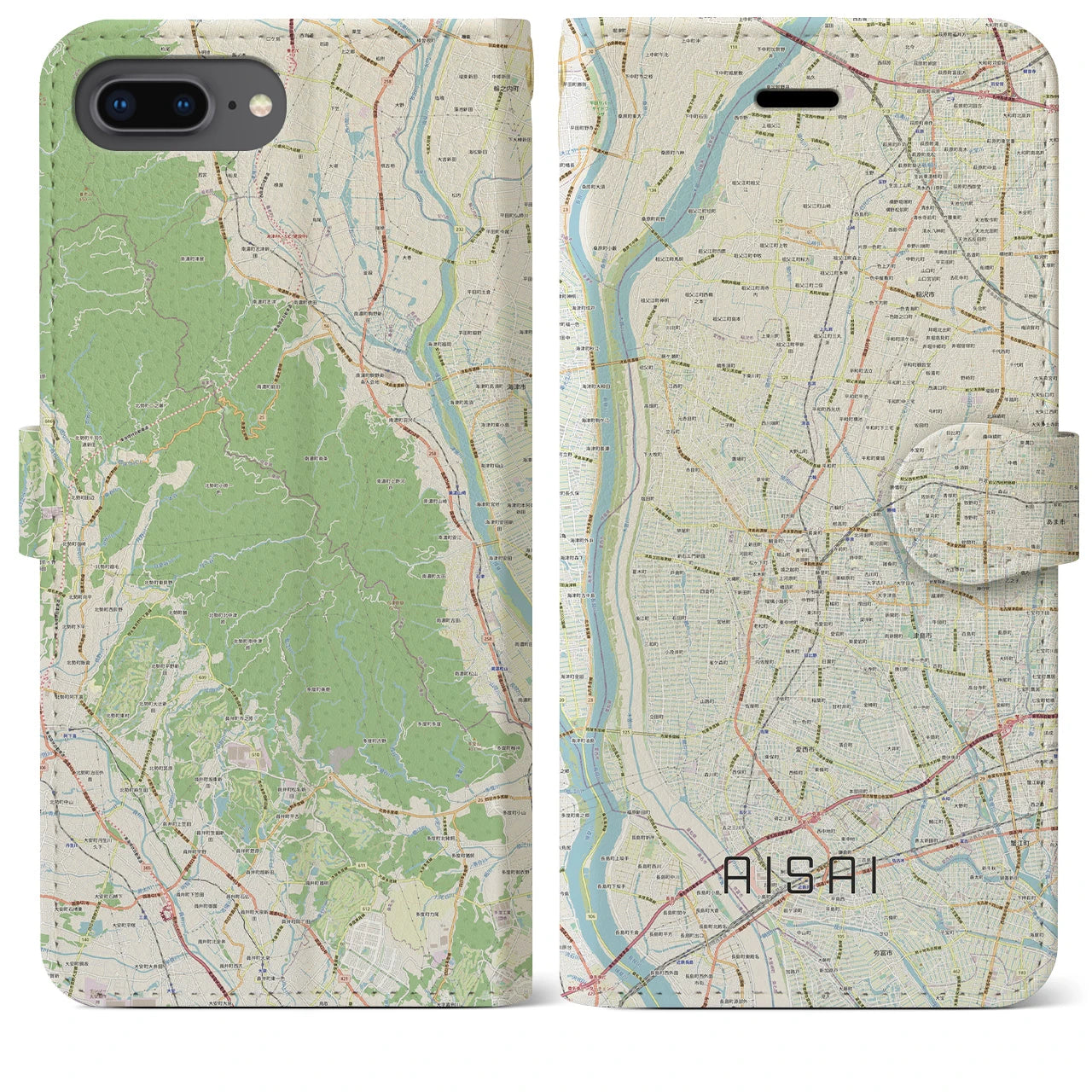 【愛西(愛知県)】地図柄iPhoneケース(手帳タイプ)ナチュラル・iPhone 8Plus /7Plus / 6sPlus / 6Plus 用