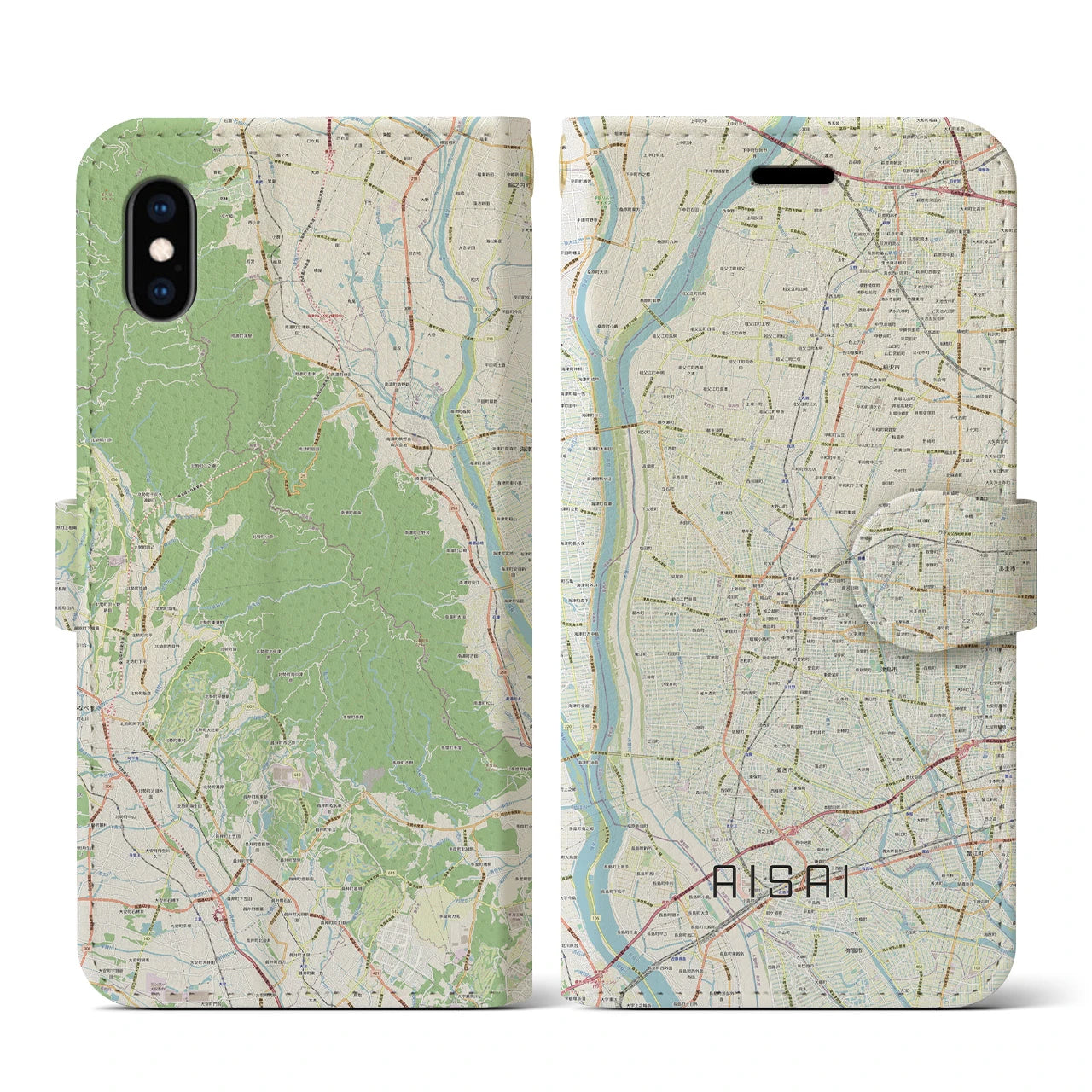 【愛西(愛知県)】地図柄iPhoneケース(手帳タイプ)ナチュラル・iPhone XS / X 用