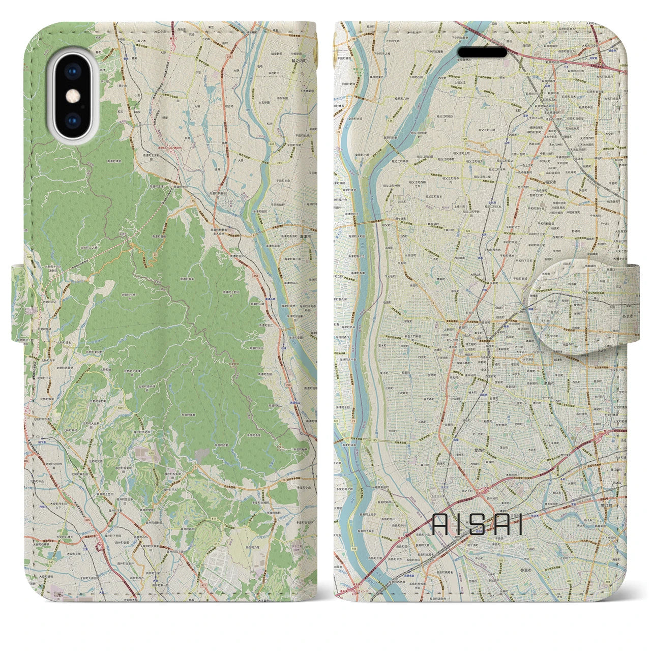 【愛西(愛知県)】地図柄iPhoneケース(手帳タイプ)ナチュラル・iPhone XS Max 用