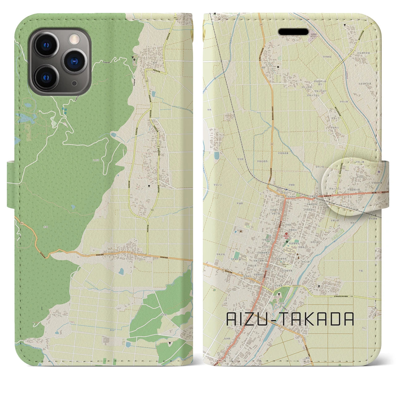 【会津高田(福島県)】地図柄iPhoneケース(手帳タイプ)ナチュラル・iPhone 11 Pro Max 用