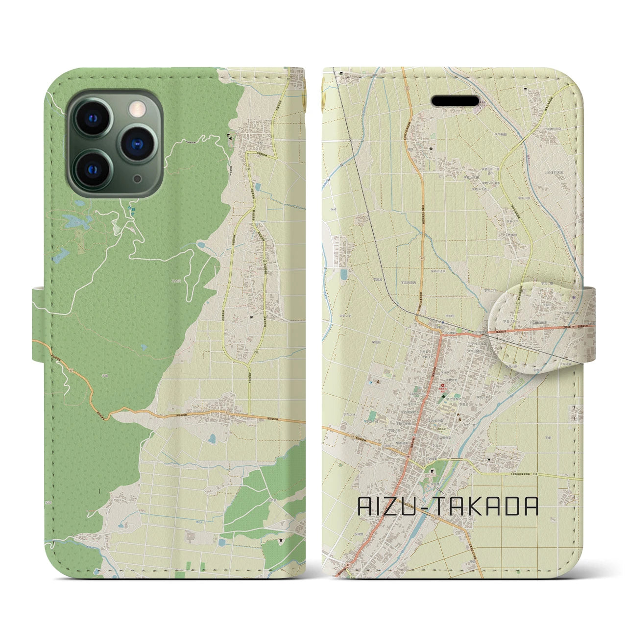 【会津高田(福島県)】地図柄iPhoneケース(手帳タイプ)ナチュラル・iPhone 11 Pro 用