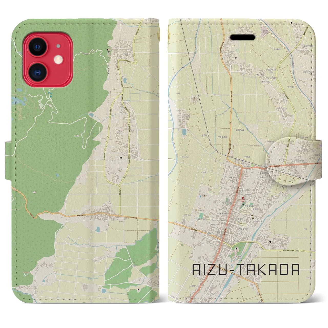 【会津高田(福島県)】地図柄iPhoneケース(手帳タイプ)ナチュラル・iPhone 11 用