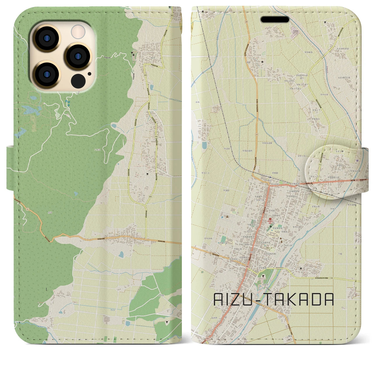 【会津高田(福島県)】地図柄iPhoneケース(手帳タイプ)ナチュラル・iPhone 12 Pro Max 用