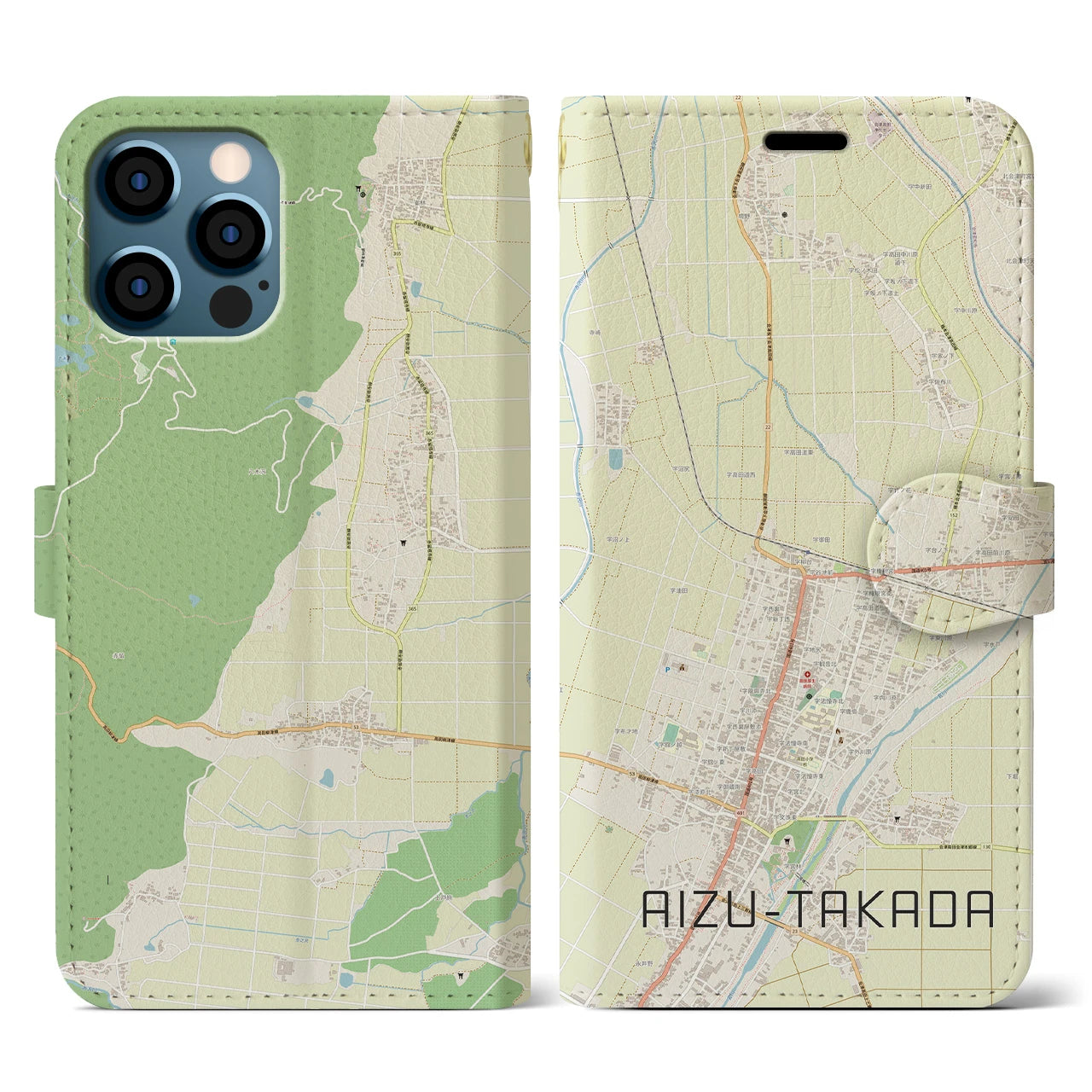 【会津高田(福島県)】地図柄iPhoneケース(手帳タイプ)ナチュラル・iPhone 12 / 12 Pro 用