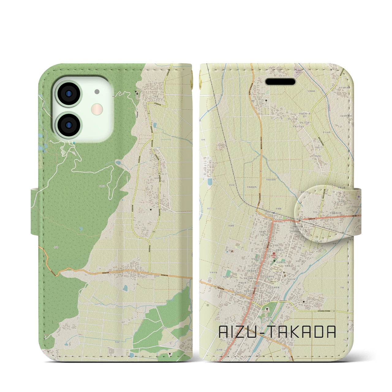 【会津高田(福島県)】地図柄iPhoneケース(手帳タイプ)ナチュラル・iPhone 12 mini 用