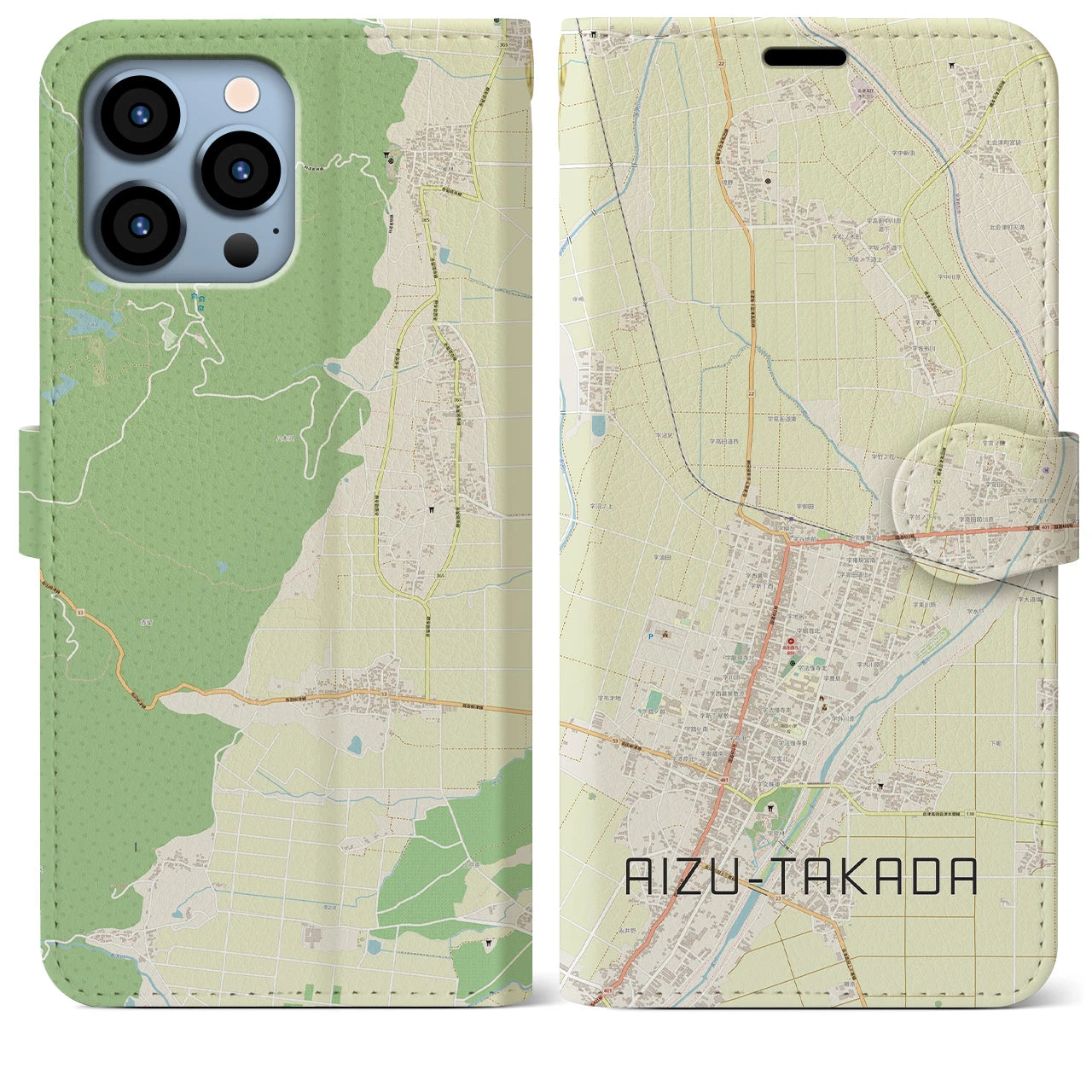 【会津高田(福島県)】地図柄iPhoneケース(手帳タイプ)ナチュラル・iPhone 13 Pro Max 用