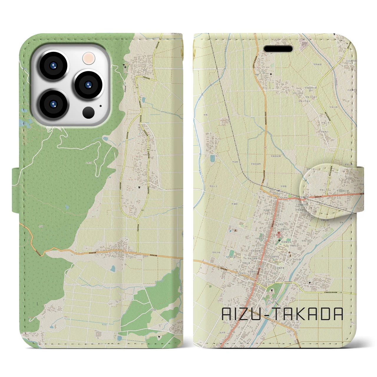 【会津高田(福島県)】地図柄iPhoneケース(手帳タイプ)ナチュラル・iPhone 13 Pro 用