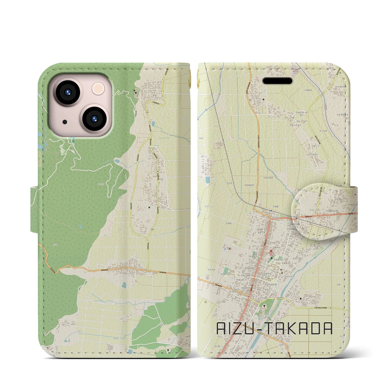 【会津高田(福島県)】地図柄iPhoneケース(手帳タイプ)ナチュラル・iPhone 13 mini 用