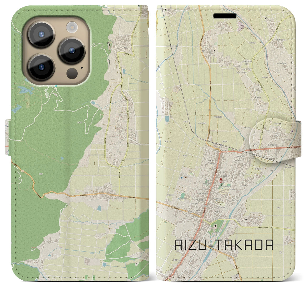 【会津高田(福島県)】地図柄iPhoneケース(手帳タイプ)ナチュラル・iPhone 14 Pro Max 用