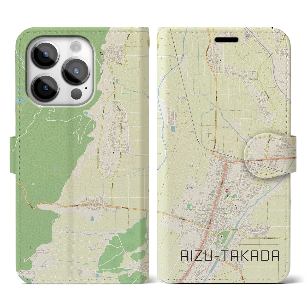 【会津高田(福島県)】地図柄iPhoneケース(手帳タイプ)ナチュラル・iPhone 14 Pro 用