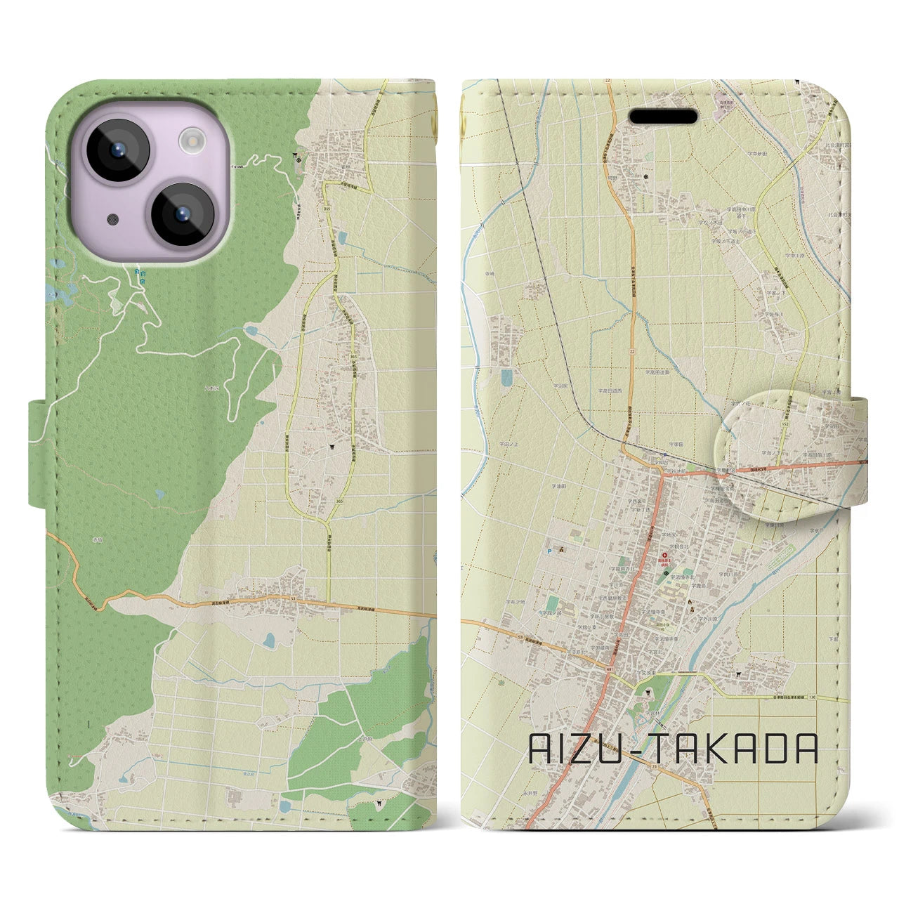 【会津高田(福島県)】地図柄iPhoneケース(手帳タイプ)ナチュラル・iPhone 14 用