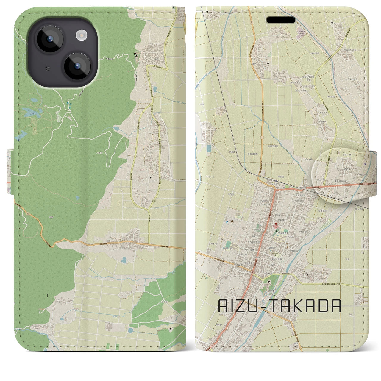 【会津高田(福島県)】地図柄iPhoneケース(手帳タイプ)ナチュラル・iPhone 14 Plus 用