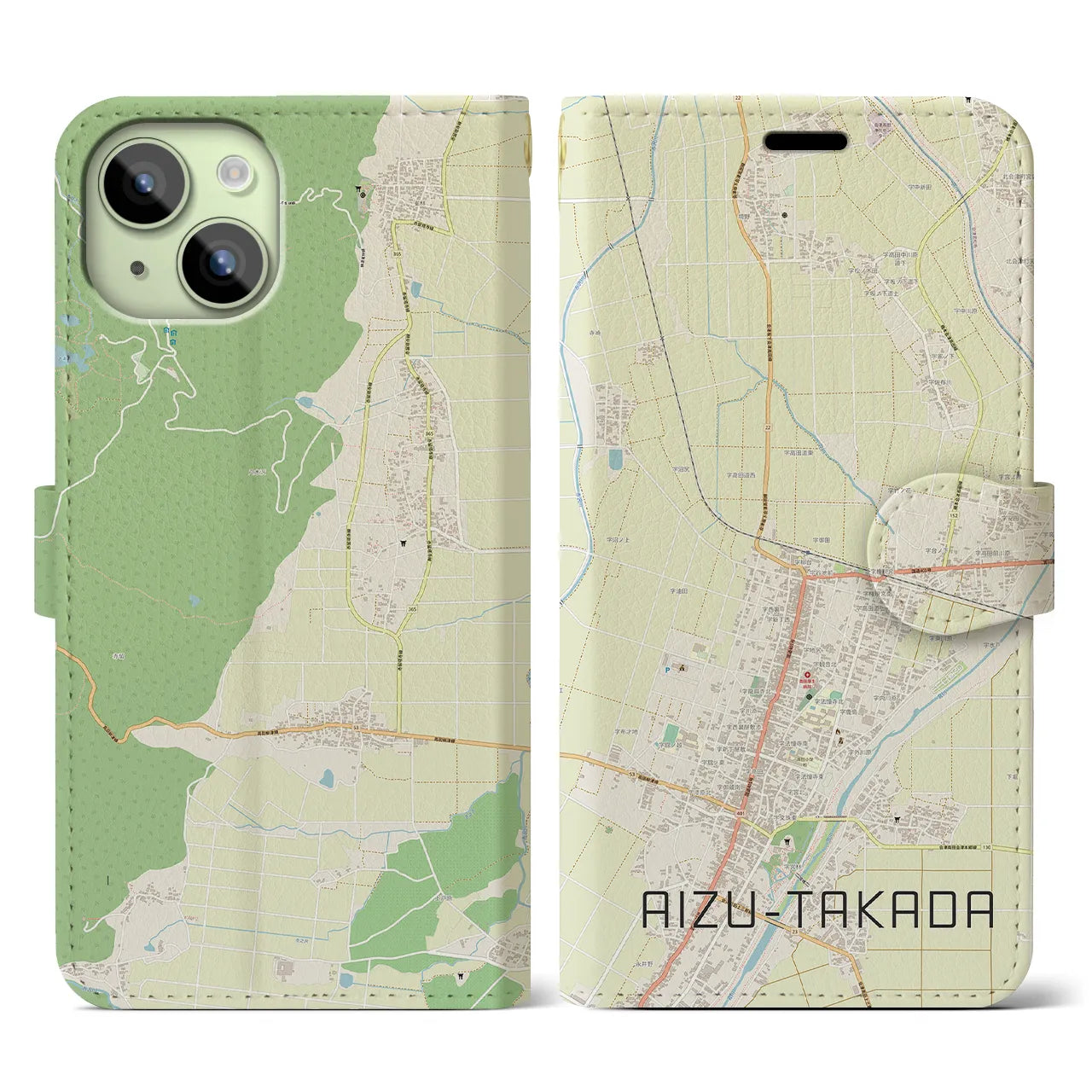【会津高田(福島県)】地図柄iPhoneケース(手帳タイプ)ナチュラル・iPhone 15 用