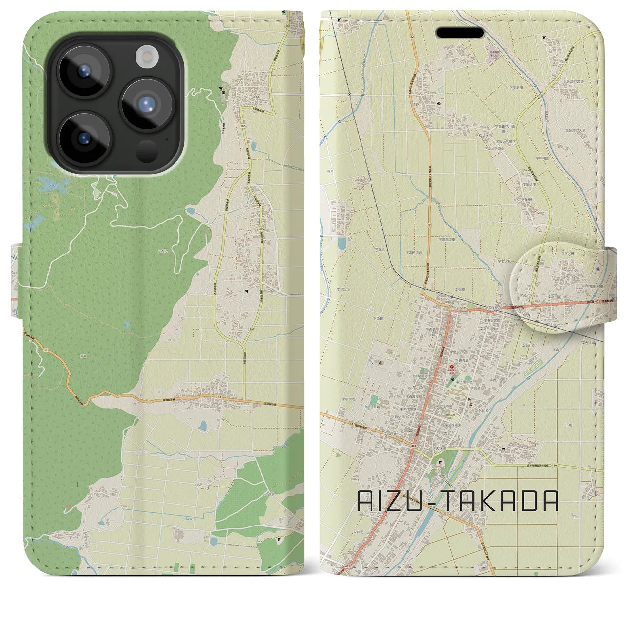 【会津高田(福島県)】地図柄iPhoneケース(手帳タイプ)ナチュラル・iPhone 15 Pro Max 用