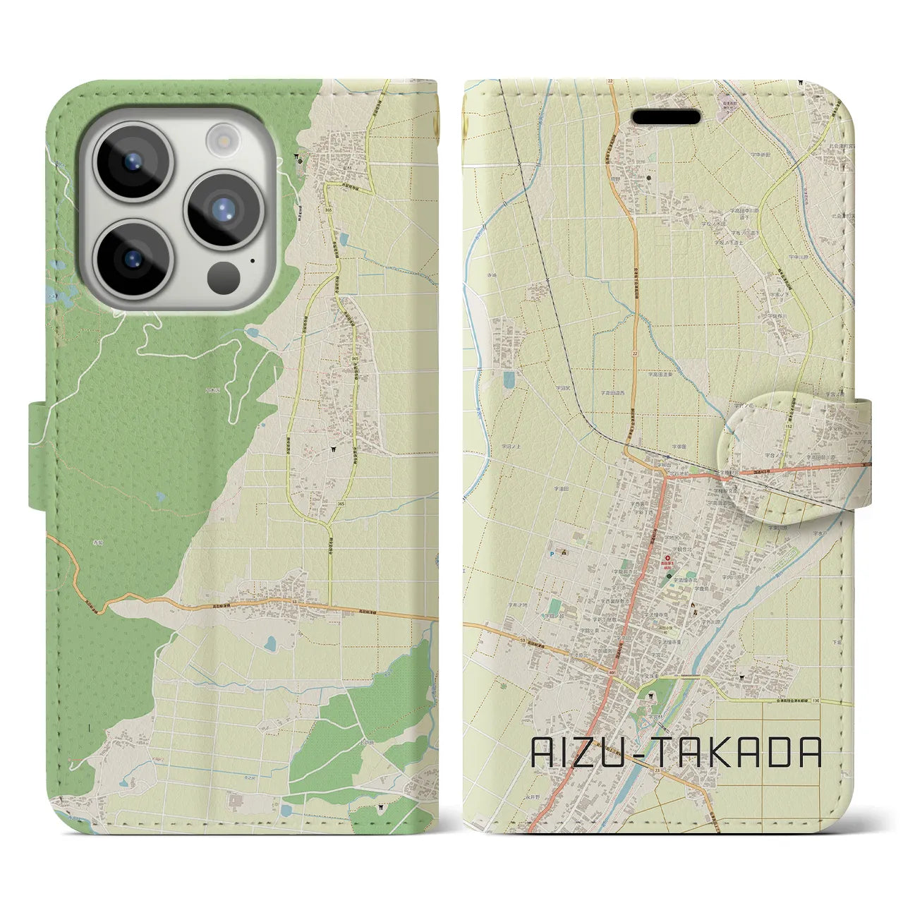 【会津高田(福島県)】地図柄iPhoneケース(手帳タイプ)ナチュラル・iPhone 15 Pro 用