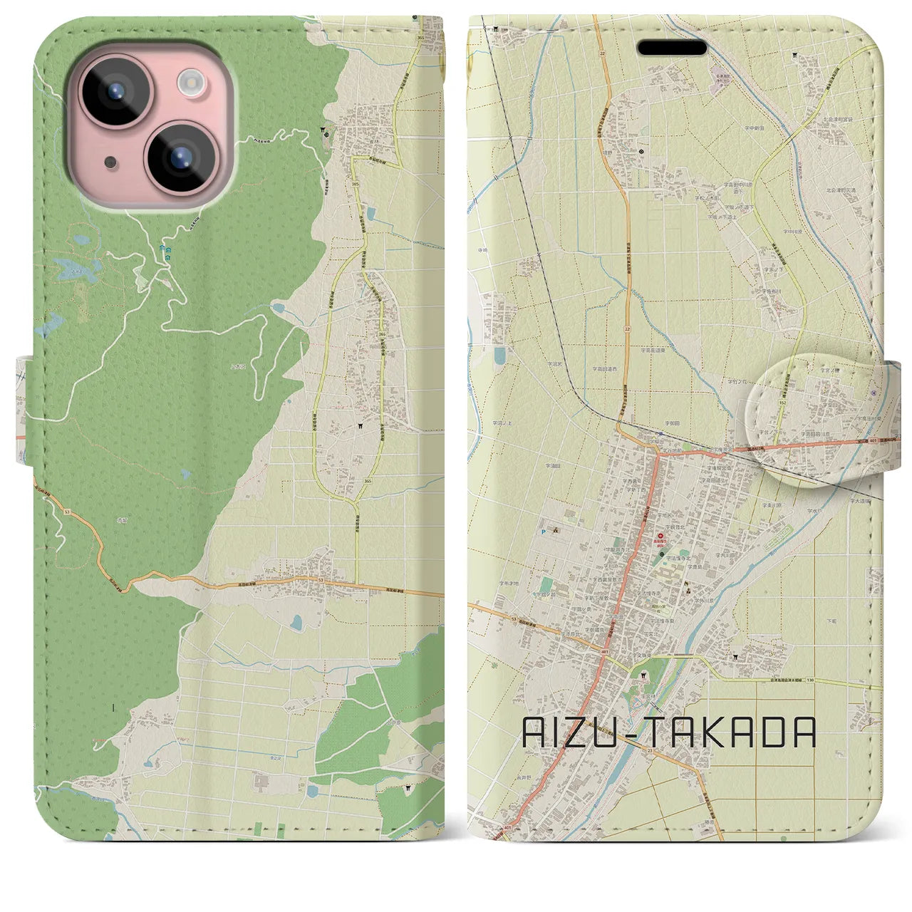 【会津高田(福島県)】地図柄iPhoneケース(手帳タイプ)ナチュラル・iPhone 15 Plus 用