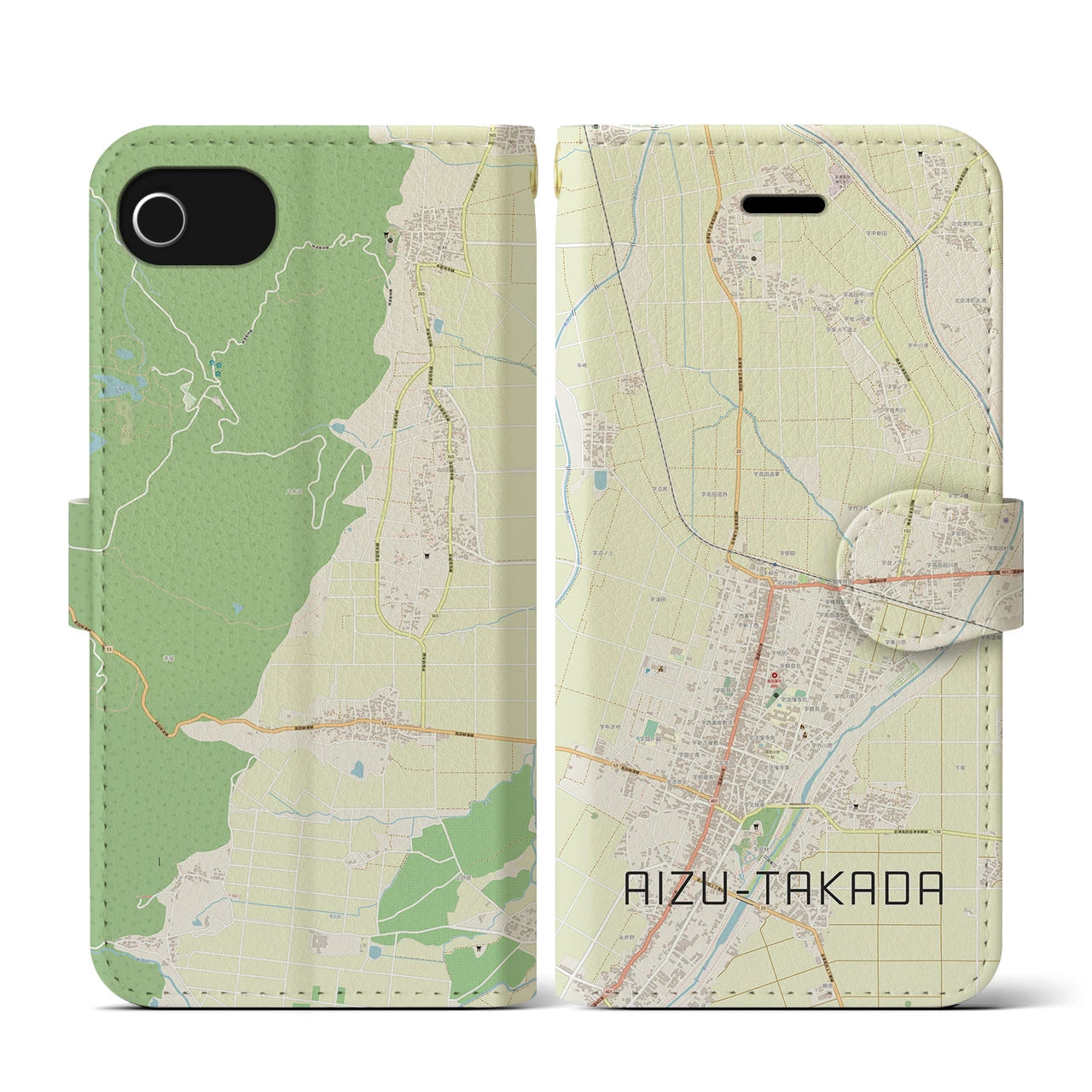 【会津高田(福島県)】地図柄iPhoneケース(手帳タイプ)ナチュラル・iPhone SE(第3 / 第2世代) / 8 / 7 / 6s / 6 用