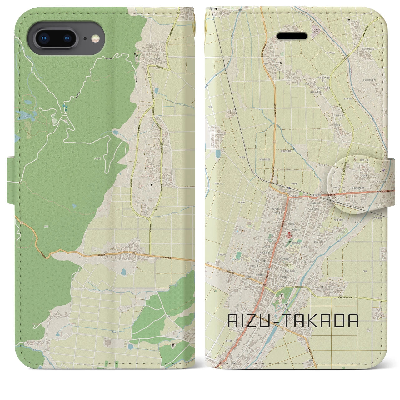 【会津高田(福島県)】地図柄iPhoneケース(手帳タイプ)ナチュラル・iPhone 8Plus /7Plus / 6sPlus / 6Plus 用