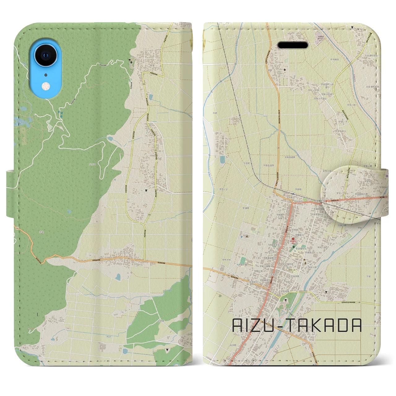 【会津高田(福島県)】地図柄iPhoneケース(手帳タイプ)ナチュラル・iPhone XR 用