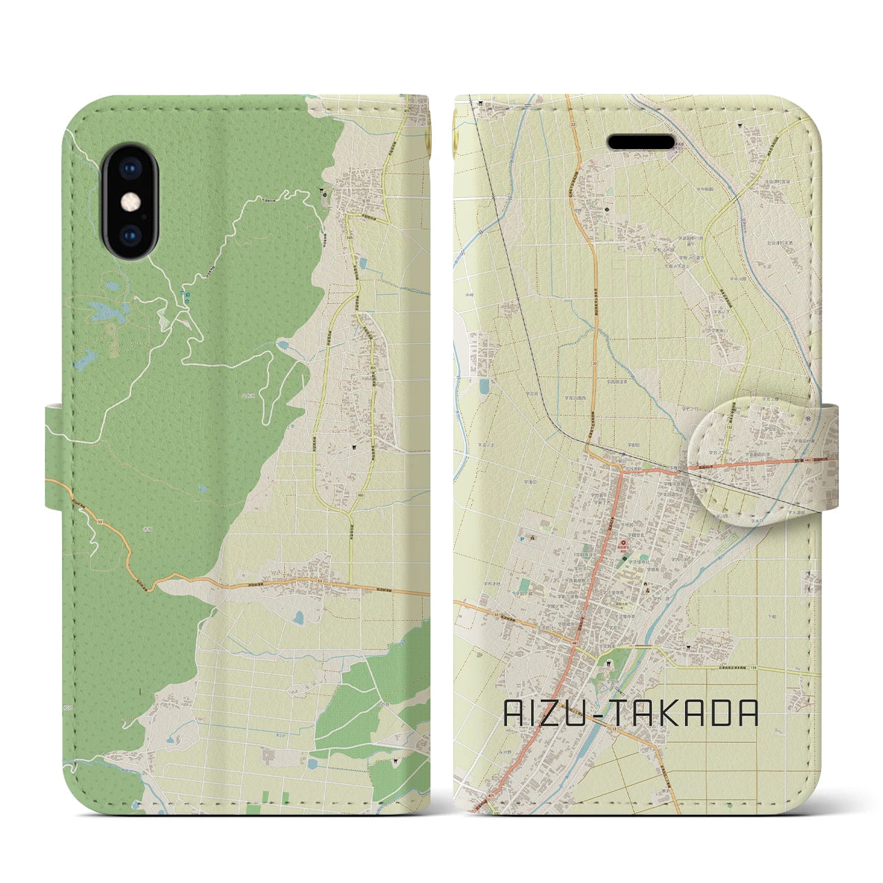 【会津高田(福島県)】地図柄iPhoneケース(手帳タイプ)ナチュラル・iPhone XS / X 用