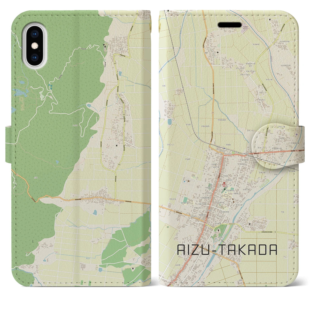 【会津高田(福島県)】地図柄iPhoneケース(手帳タイプ)ナチュラル・iPhone XS Max 用