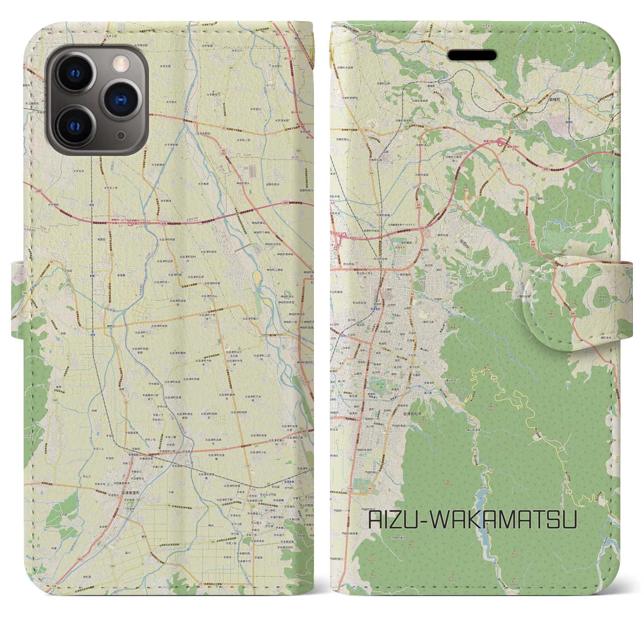 【会津若松(福島県)】地図柄iPhoneケース(手帳タイプ)ナチュラル・iPhone 11 Pro Max 用