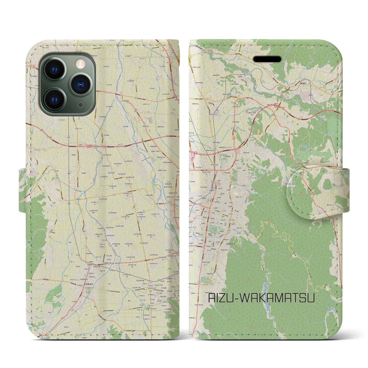 【会津若松(福島県)】地図柄iPhoneケース(手帳タイプ)ナチュラル・iPhone 11 Pro 用