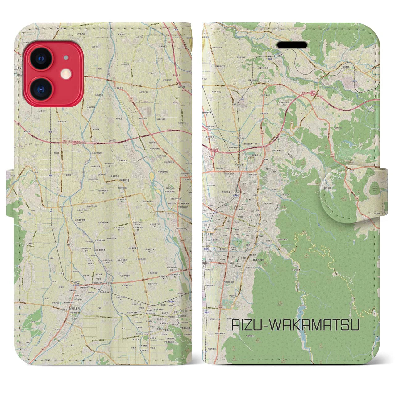 【会津若松(福島県)】地図柄iPhoneケース(手帳タイプ)ナチュラル・iPhone 11 用