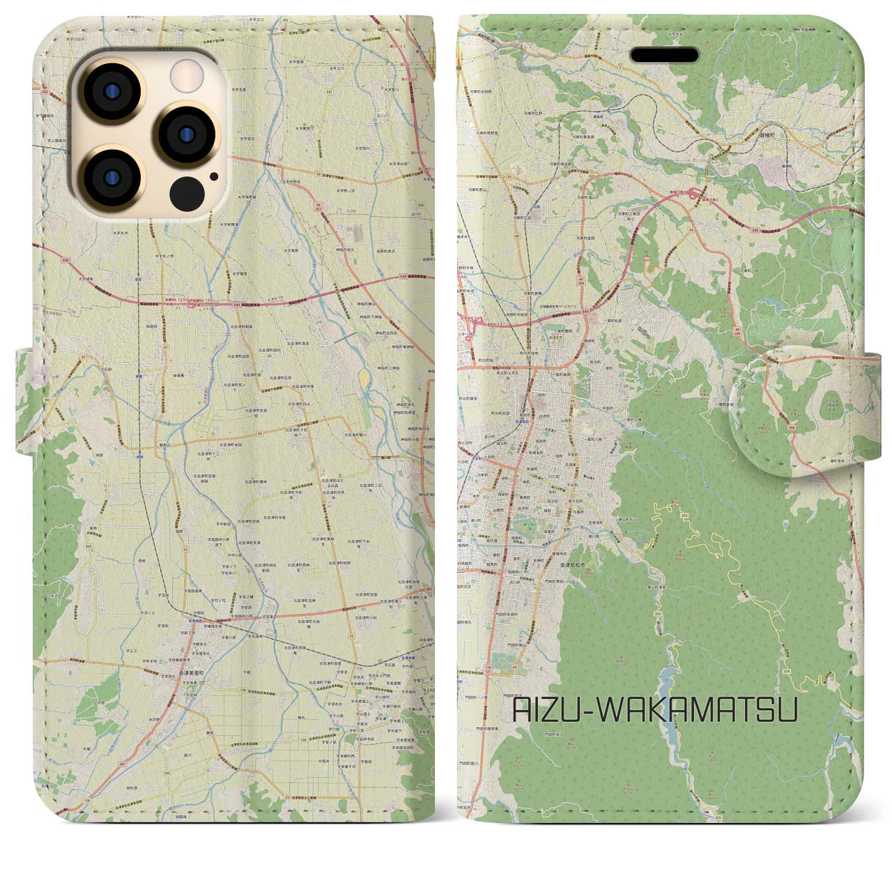 【会津若松(福島県)】地図柄iPhoneケース(手帳タイプ)ナチュラル・iPhone 12 Pro Max 用