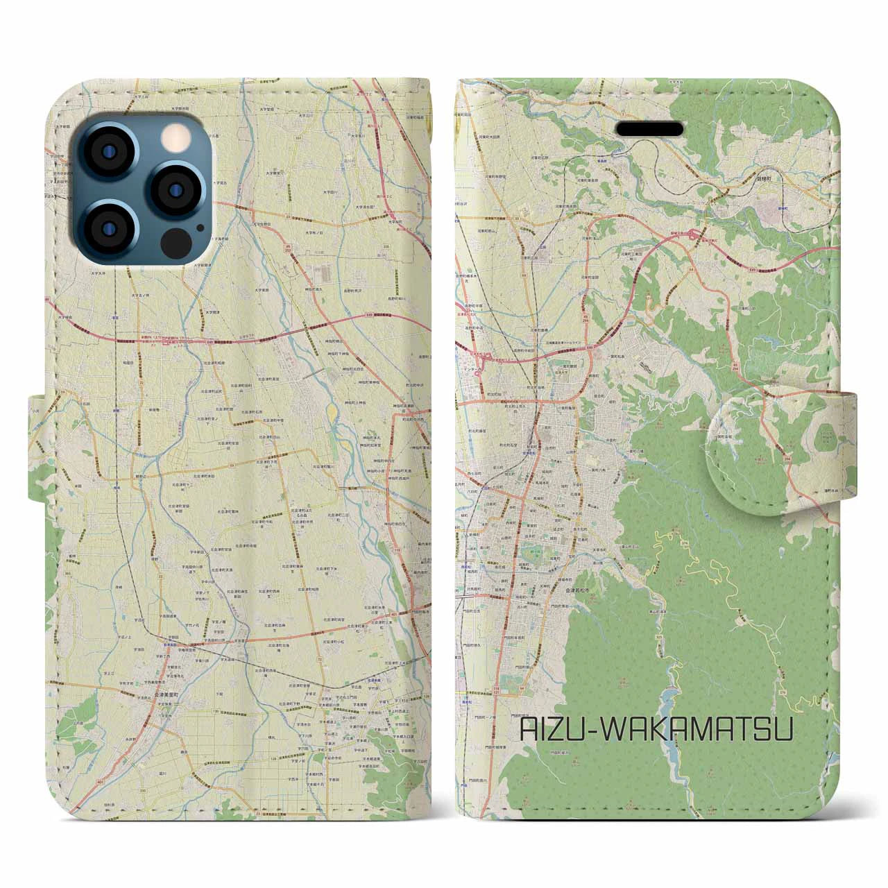 【会津若松(福島県)】地図柄iPhoneケース(手帳タイプ)ナチュラル・iPhone 12 / 12 Pro 用