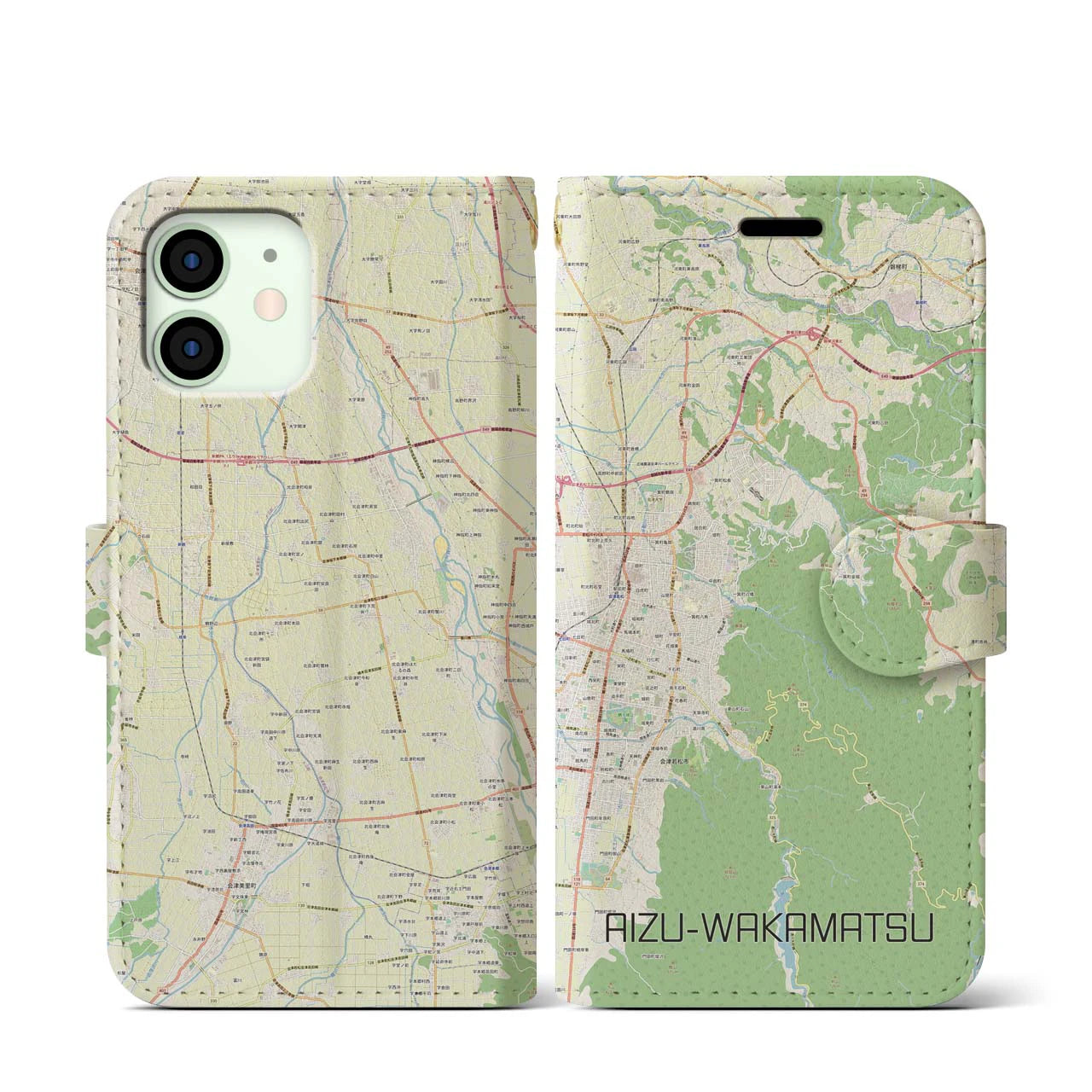 【会津若松(福島県)】地図柄iPhoneケース(手帳タイプ)ナチュラル・iPhone 12 mini 用