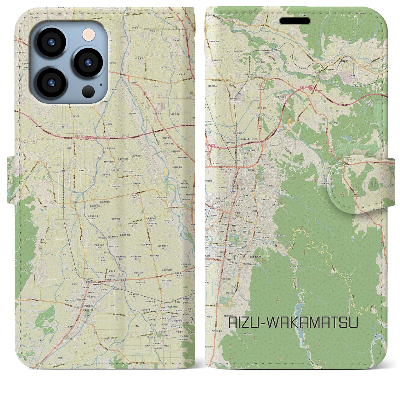 【会津若松(福島県)】地図柄iPhoneケース(手帳タイプ)ナチュラル・iPhone 13 Pro Max 用