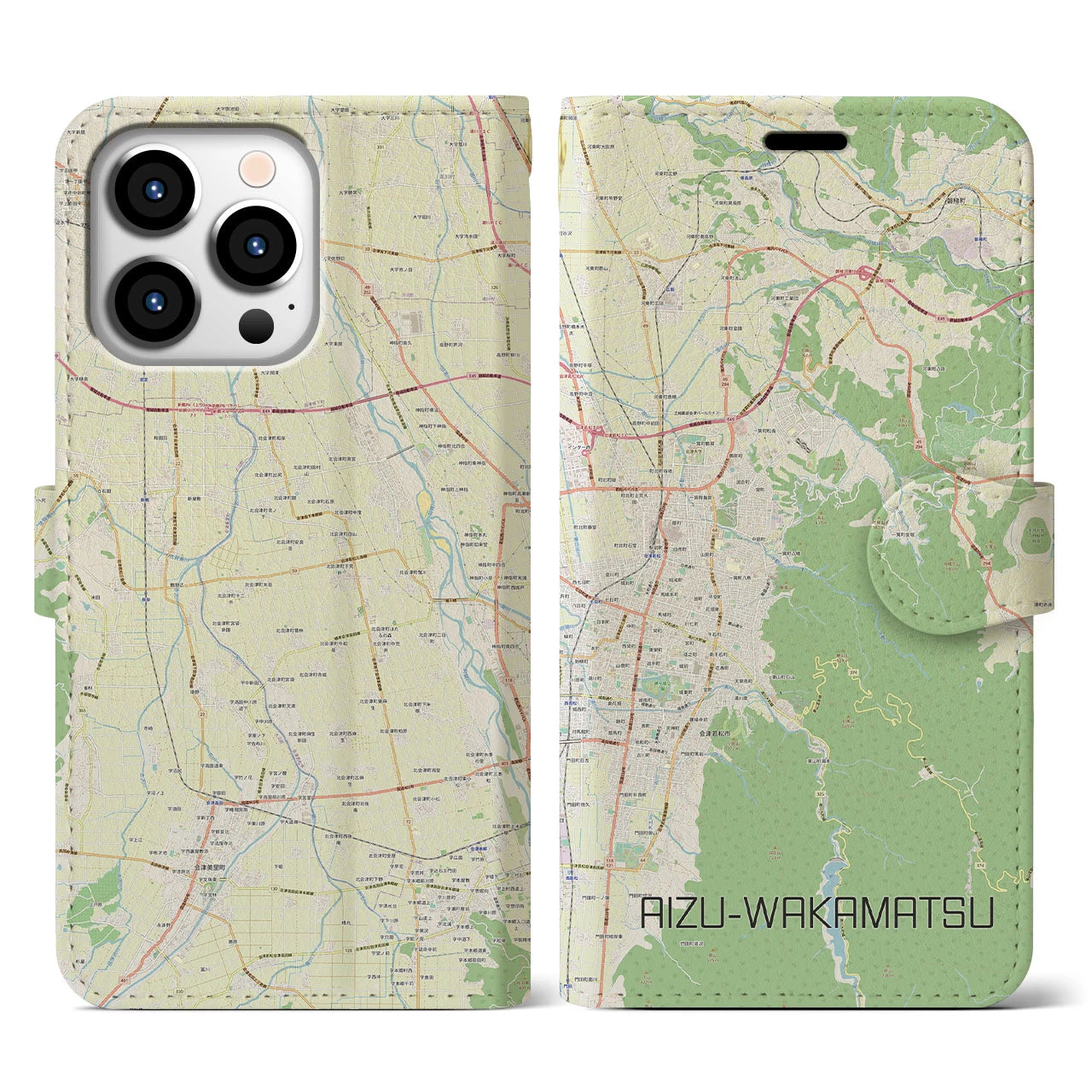 【会津若松(福島県)】地図柄iPhoneケース(手帳タイプ)ナチュラル・iPhone 13 Pro 用