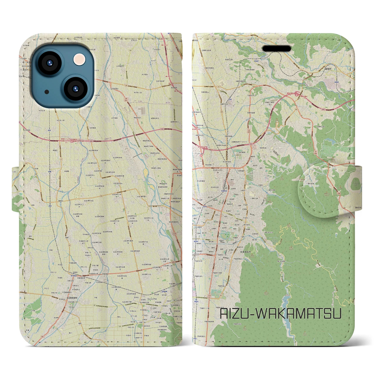 【会津若松(福島県)】地図柄iPhoneケース(手帳タイプ)ナチュラル・iPhone 13 用