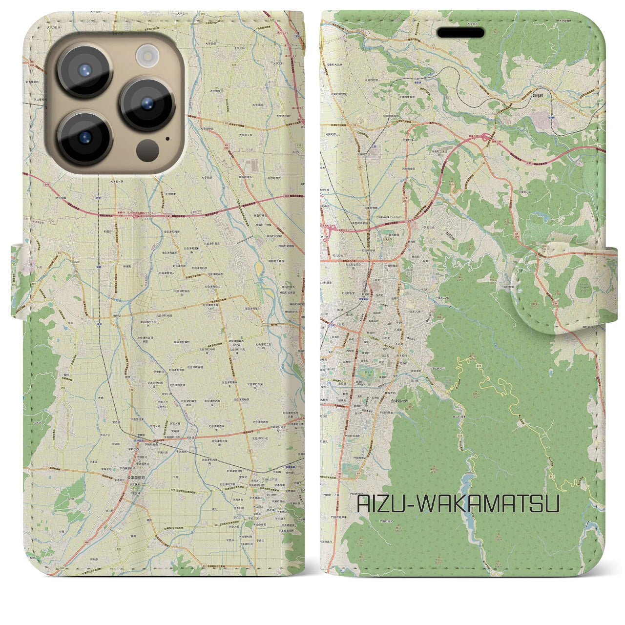 【会津若松(福島県)】地図柄iPhoneケース(手帳タイプ)ナチュラル・iPhone 14 Pro Max 用
