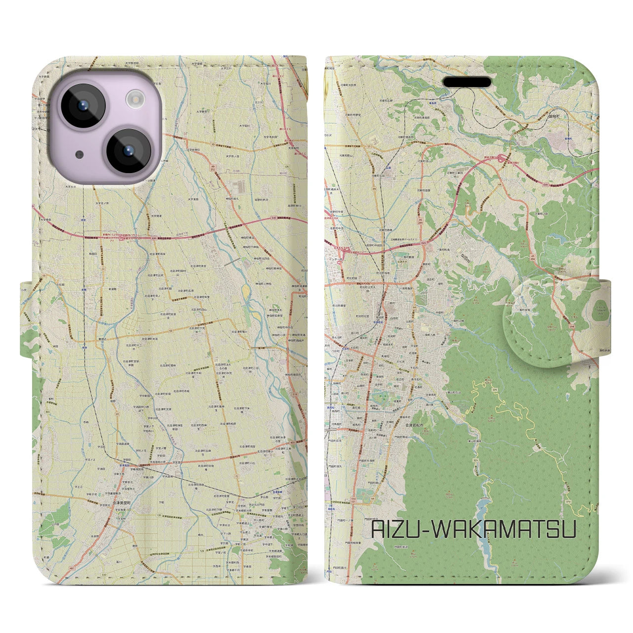 【会津若松(福島県)】地図柄iPhoneケース(手帳タイプ)ナチュラル・iPhone 14 用