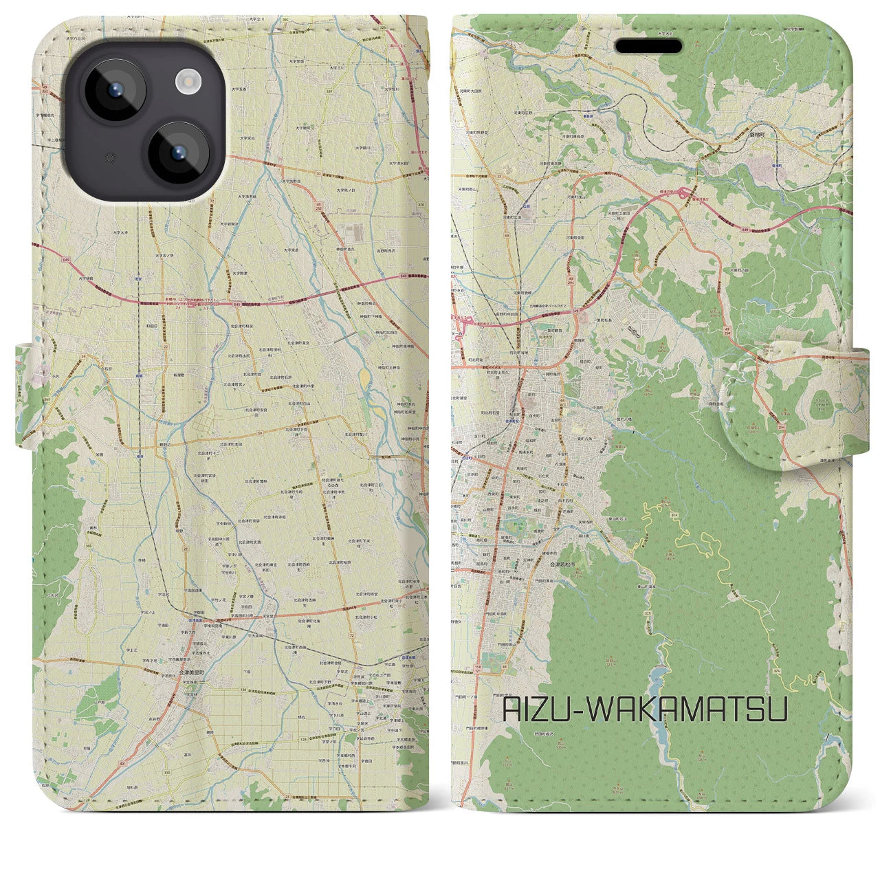 【会津若松(福島県)】地図柄iPhoneケース(手帳タイプ)ナチュラル・iPhone 14 Plus 用