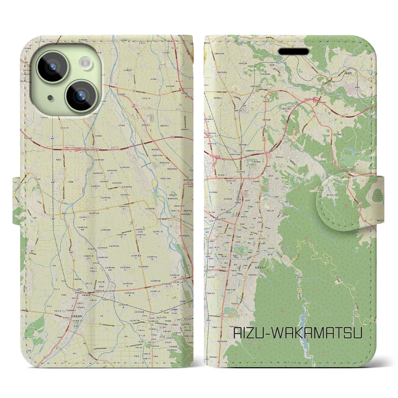 【会津若松(福島県)】地図柄iPhoneケース(手帳タイプ)ナチュラル・iPhone 15 用