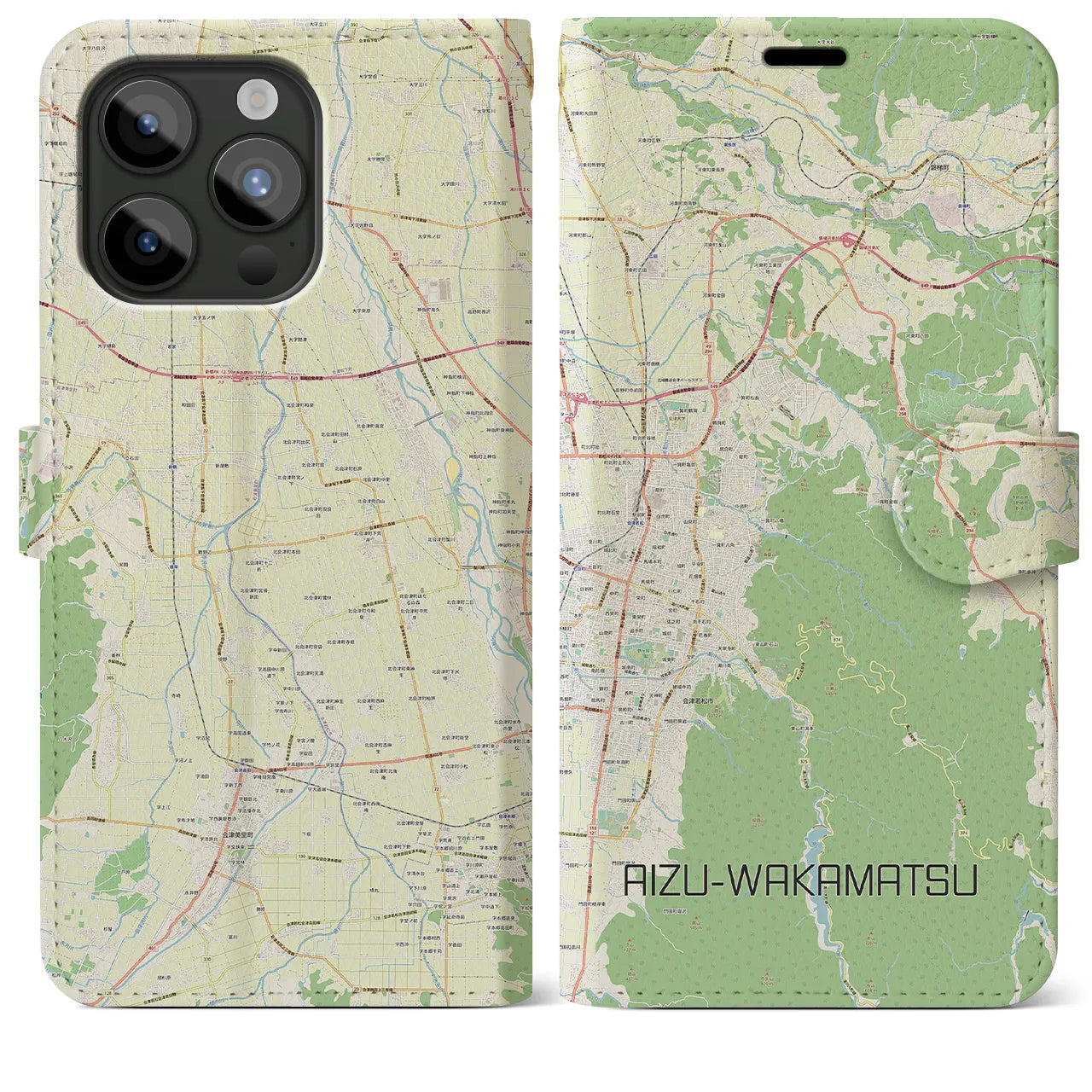 【会津若松(福島県)】地図柄iPhoneケース(手帳タイプ)ナチュラル・iPhone 15 Pro Max 用