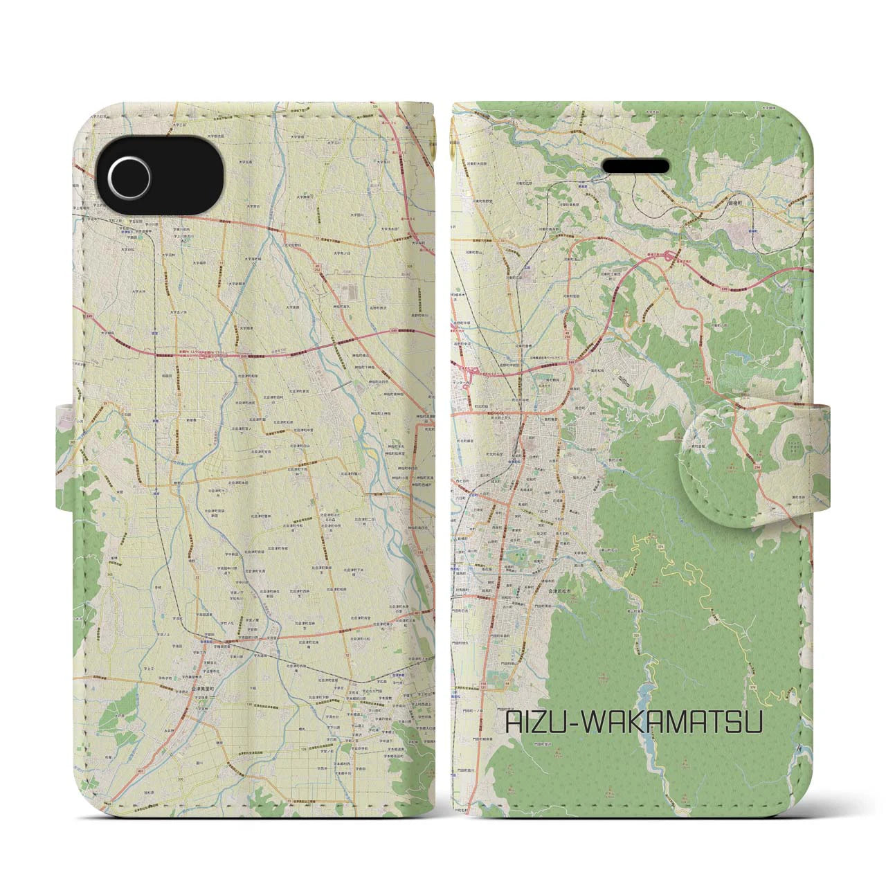 【会津若松(福島県)】地図柄iPhoneケース(手帳タイプ)ナチュラル・iPhone SE(第3 / 第2世代) / 8 / 7 / 6s / 6 用