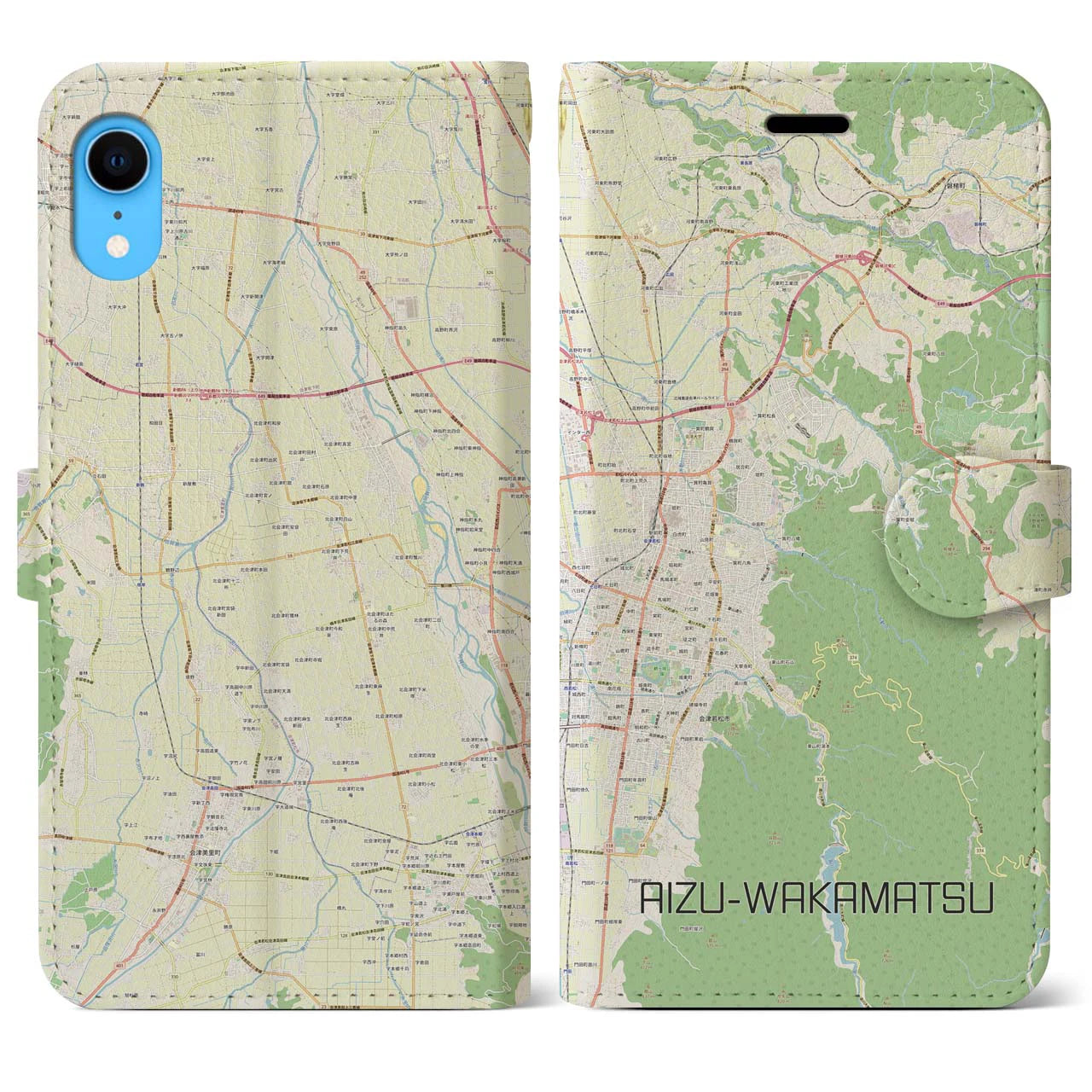 【会津若松(福島県)】地図柄iPhoneケース(手帳タイプ)ナチュラル・iPhone XR 用