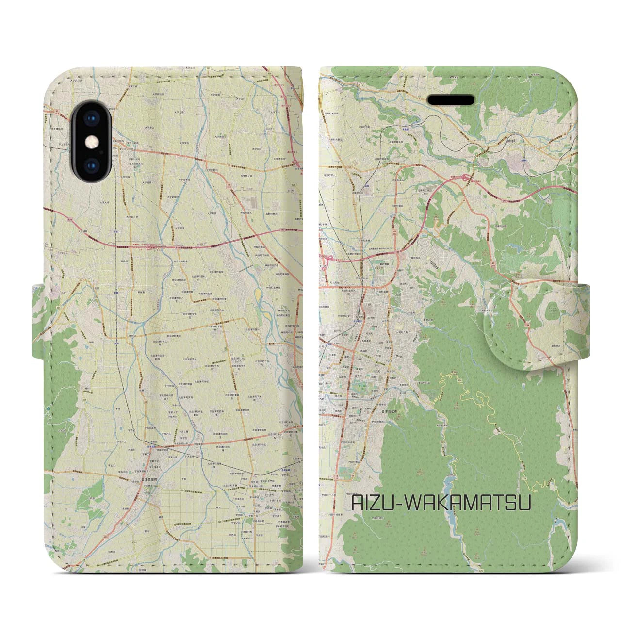 【会津若松(福島県)】地図柄iPhoneケース(手帳タイプ)ナチュラル・iPhone XS / X 用