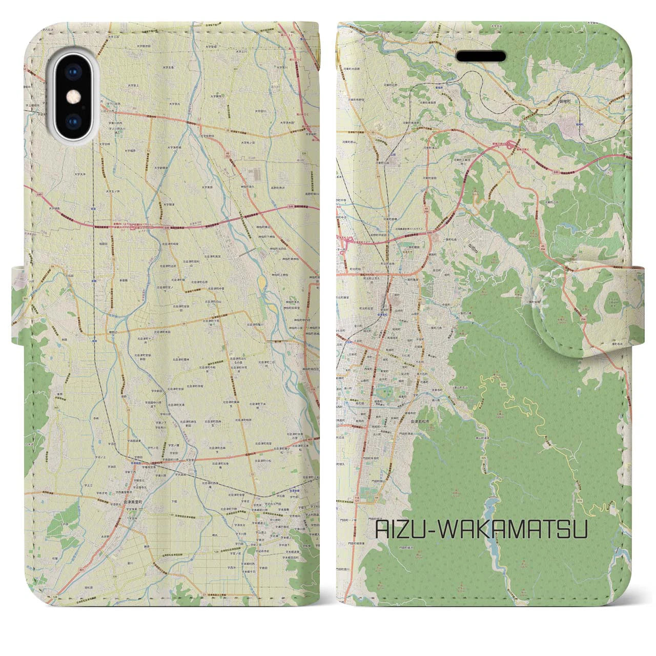 【会津若松(福島県)】地図柄iPhoneケース(手帳タイプ)ナチュラル・iPhone XS Max 用