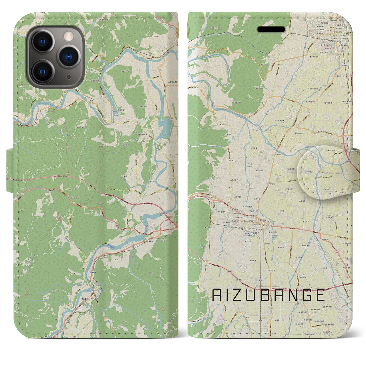 【会津坂下(福島県)】地図柄iPhoneケース(手帳タイプ)ナチュラル・iPhone 11 Pro Max 用