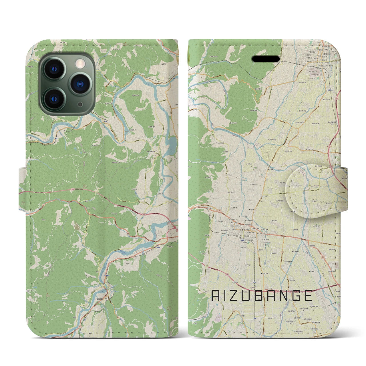【会津坂下(福島県)】地図柄iPhoneケース(手帳タイプ)ナチュラル・iPhone 11 Pro 用