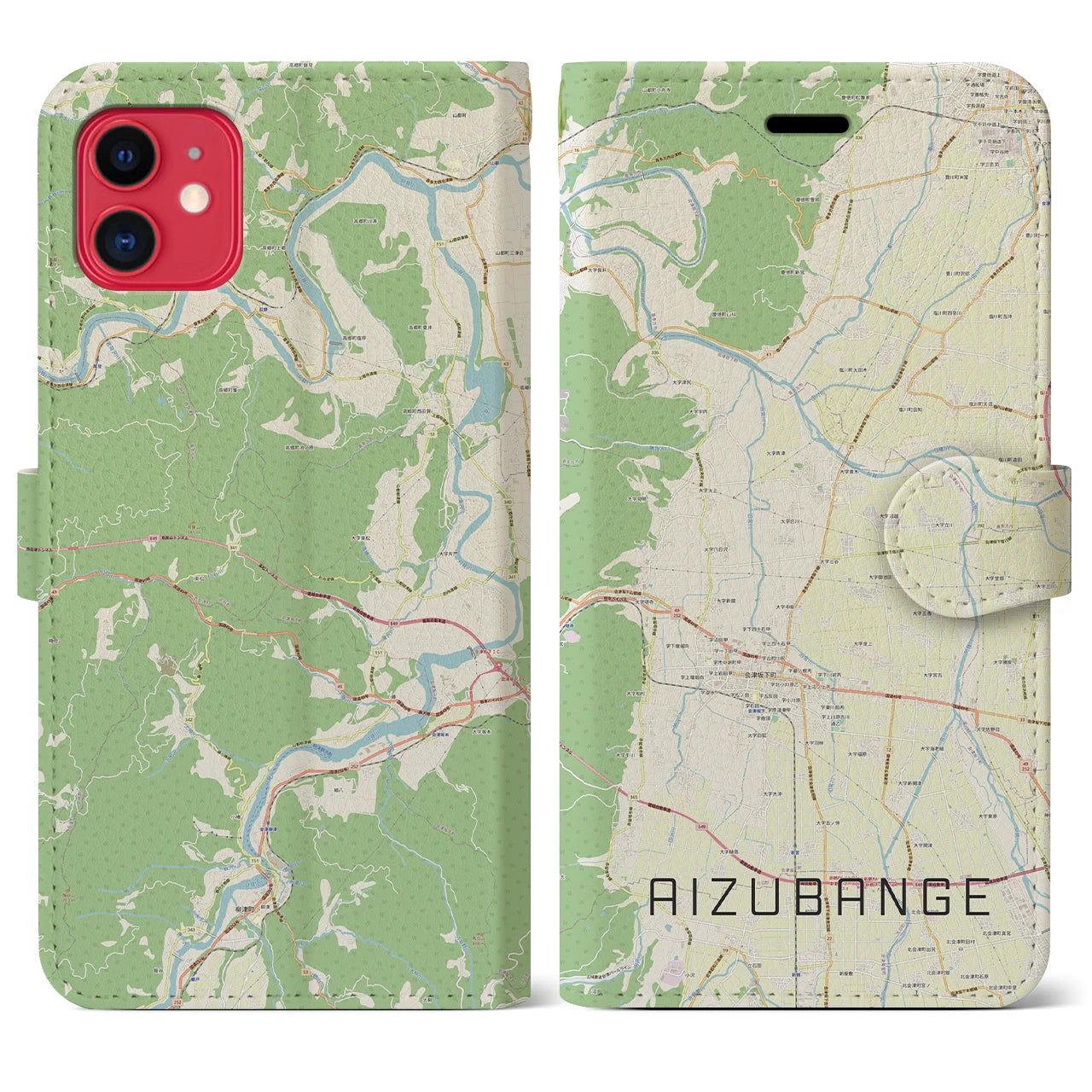 【会津坂下(福島県)】地図柄iPhoneケース(手帳タイプ)ナチュラル・iPhone 11 用