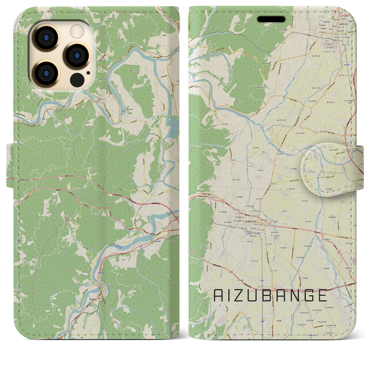 【会津坂下(福島県)】地図柄iPhoneケース(手帳タイプ)ナチュラル・iPhone 12 Pro Max 用