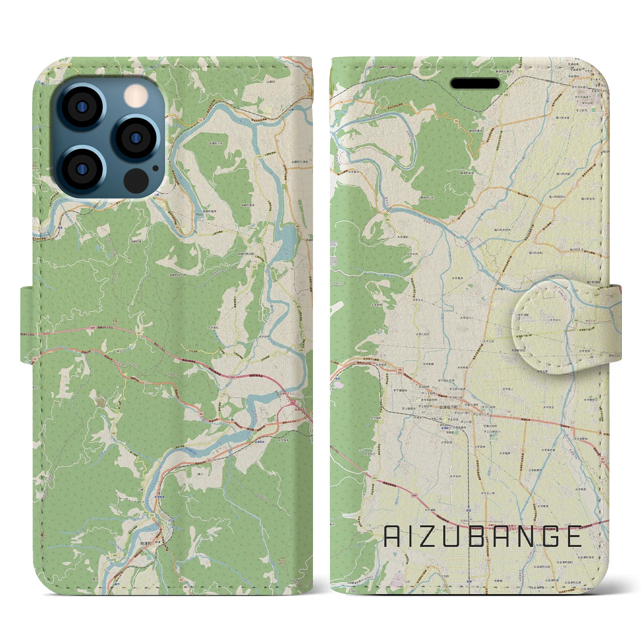 【会津坂下(福島県)】地図柄iPhoneケース(手帳タイプ)ナチュラル・iPhone 12 / 12 Pro 用