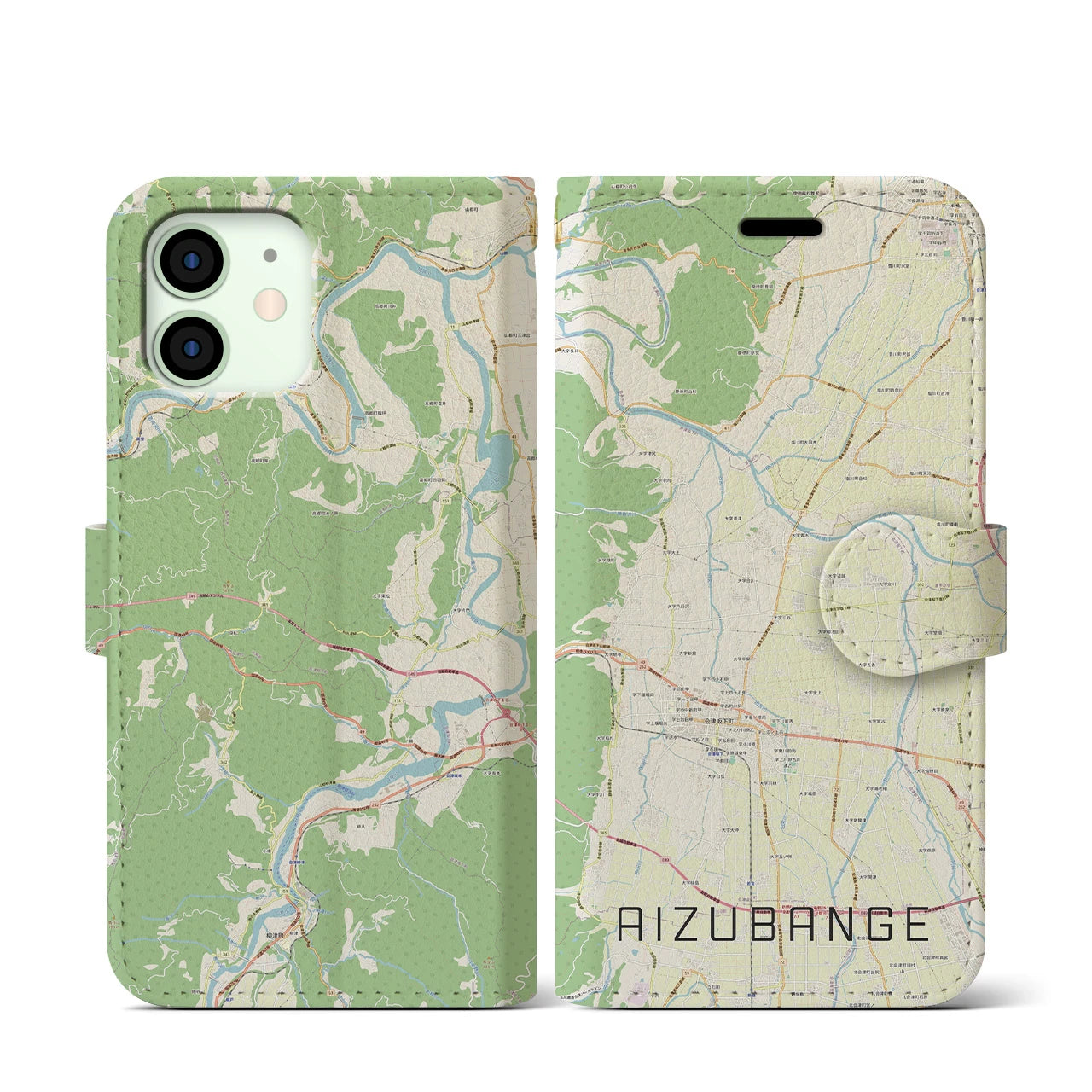 【会津坂下(福島県)】地図柄iPhoneケース(手帳タイプ)ナチュラル・iPhone 12 mini 用