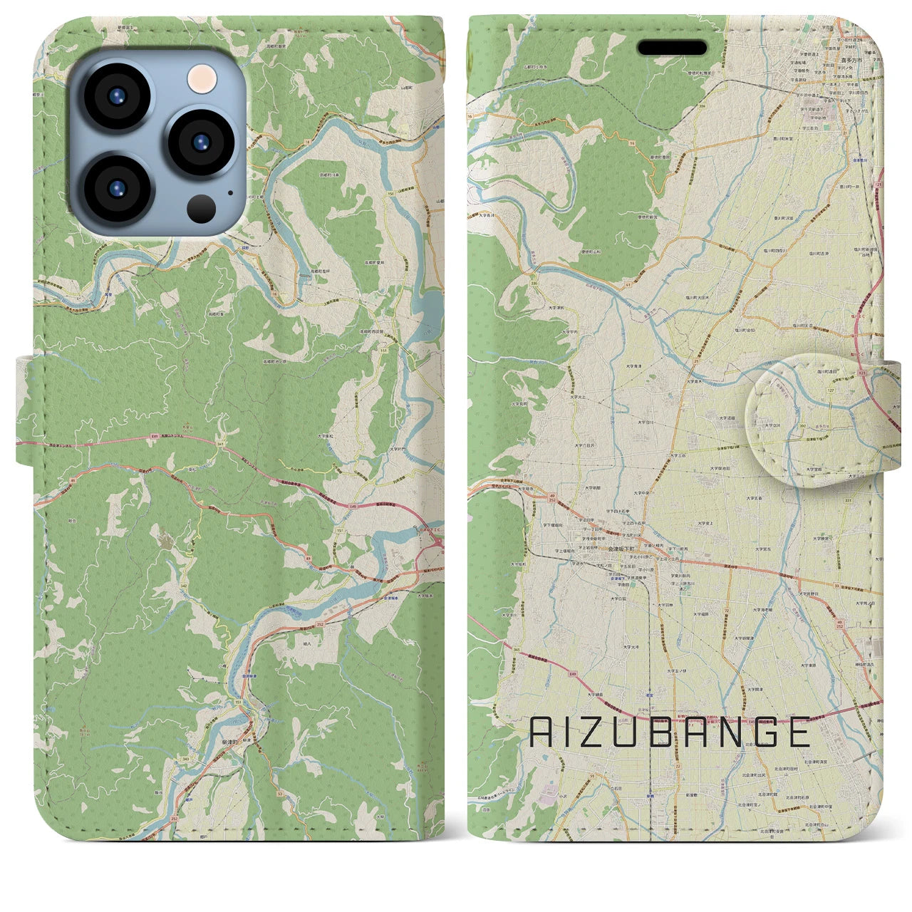 【会津坂下(福島県)】地図柄iPhoneケース(手帳タイプ)ナチュラル・iPhone 13 Pro Max 用